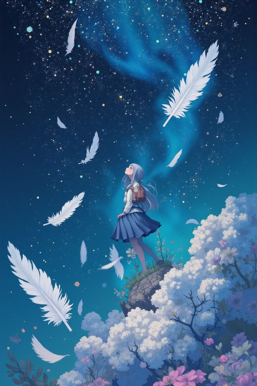 score_9,  score_8_up  , score_7_up   BREAK source_anime
BREAK
floating white feathers, Blue auroras,  Stargazhiku Night Sky, soft grains of light, dreamy, Delicate Textures, FANTASY ART, Silence