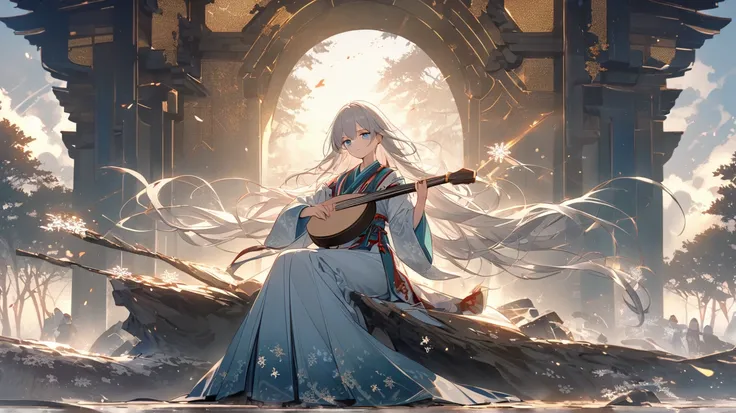 Yuki, the shrine maiden warrior, stands in quiet triumph as the first light of dawn gently illuminates the battlefield. Her long, silver hair flows softly in the cold morning breeze, free of dust and blood, and her icy-blue eyes reflect a deep sense of rel...