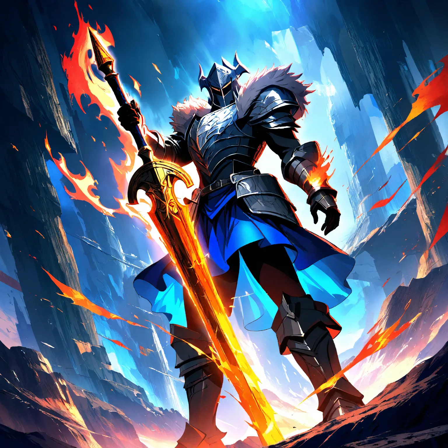 team high resolution, dungeon environment, distant angle, medium size, Horseman in gray armor, blue skirt, fur on the top, holding a sword of fire, pose honra, anime atmosphere , fantasy style,  digital painting , dramatic lighting, vivid colors