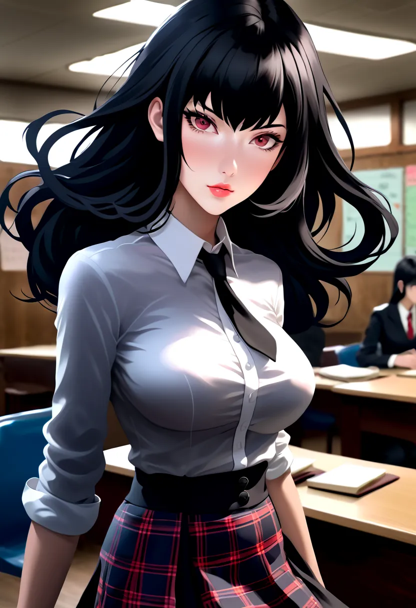 ((anime style, 2D,  well-defined traits ,  great quality, color element,  Surreal , japanese pop,  well-defined traits , Realistic image, Persona 5 Style, score_9)), a beautiful young good-looking Japanese schoolgirl, ( very fair skin), PINK LIPS, ((very b...