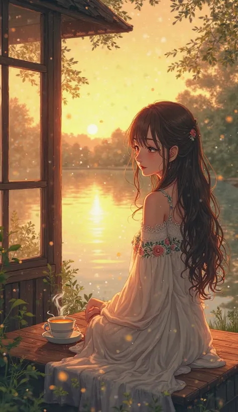 An enchanting anime-style illustration of a young woman sitting on a wooden balcony overlooking a tranquil lake bathed in golden sunset hues. Her long, wavy brown hair catches the soft breeze, and her eyes are filled with quiet wonder. She wears a flowing ...