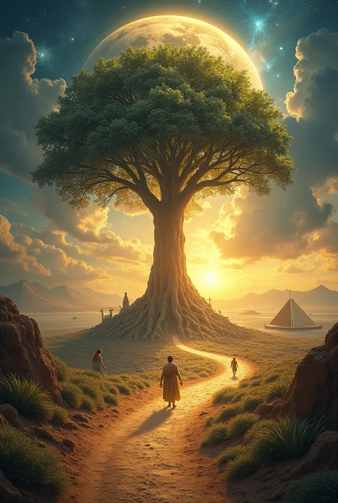 "An epic and symbolic scene that represents the main themes of the book of Genesis.  In the center of the image , one grande **Tree of life** with deep roots and branches that extend into the sky, simbolizando a criação e a conexão entre Deus e a honeanida...