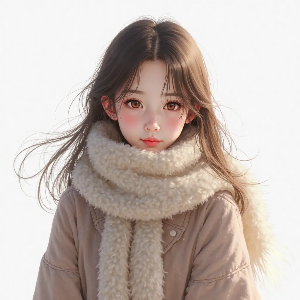 1 girl、 Hair、long hair、center part、Cat Eyes、Winter date 、with a scarf wrapped around it、has a white background、