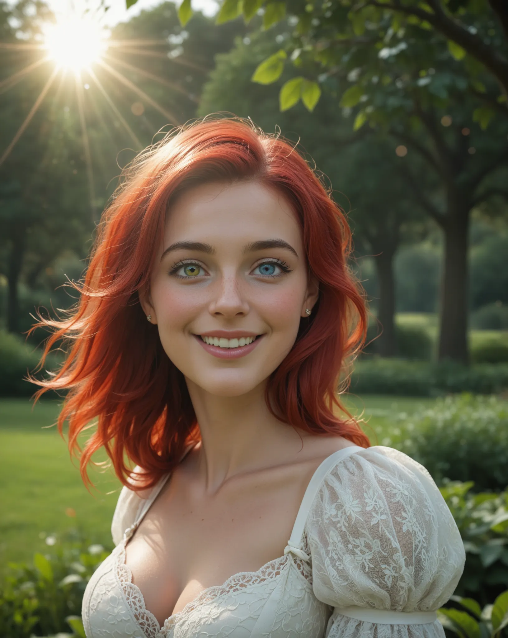 score_9, score_8_arriba, score_7_arriba, movie frame,  beautiful woman,  don't make up , summer outfit, blush,  Redhaired , head tilt, Hair blowing in the wind,  sunny day,  Sun rays, heat, dry green trees , Approaching Perfection, dynamic, highly detailed...