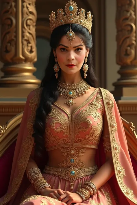 A majestic queen dressed in gala costumes inspired by Indian royalty, adorned with gold embroidery and intricate patterns. She wears an elaborate set of royal jewels, including a dazzling gold necklace and precious stones, ornate earrings and an imposing c...