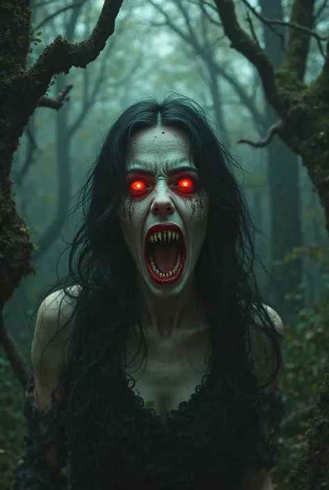 "The woman transforming into a terrifying, ghostly creature with sharp teeth and glowing red eyes. The forest around her is dark and twisted, with shadows moving unnaturally."