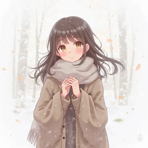 Anime style illustration of one girl、 Hair、long hair、center part、Cat Eyes、Winter date 、with a scarf wrapped around it、has a white background、