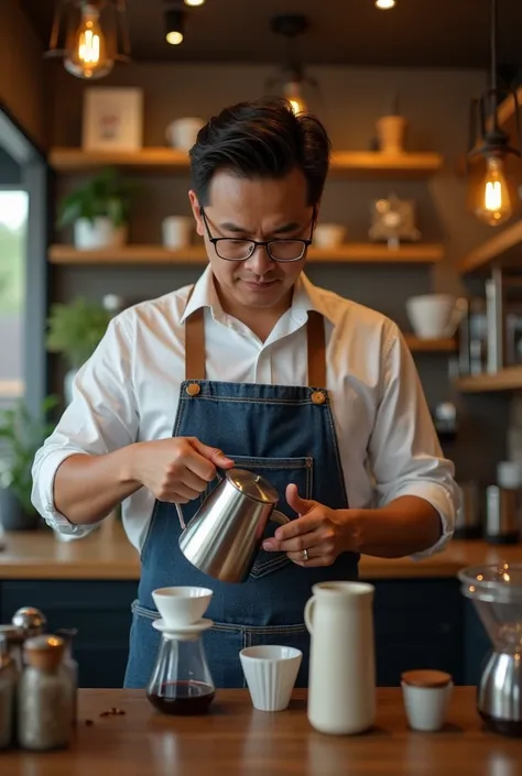 photo 4D , A 40-year-old man from Indonesia, wear white glasses, making coffee in cafe, wearing apron And ripped jeans, background in aesthetic cafe,  realistic , 8k