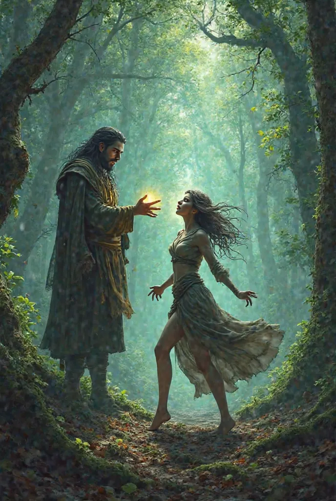 "Aajay chanting a protective spell in the forest, his hand glowing with mystical energy. The woman, now immobilized, struggles against invisible forces, her face twisted in rage and fear."