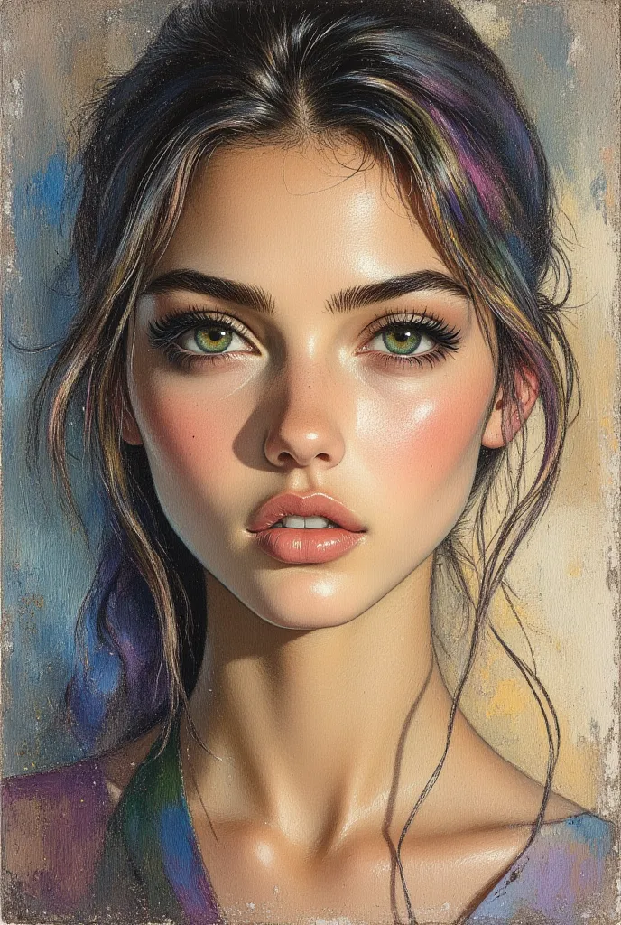 Create an evocative oil painting inspired by Malcolm Liepke, based on the provided image. Capture the intense, introspective expression of the young subject using thick, Incorporate earthy tones, deep blues, and warm browns to create a harmonious and invit...