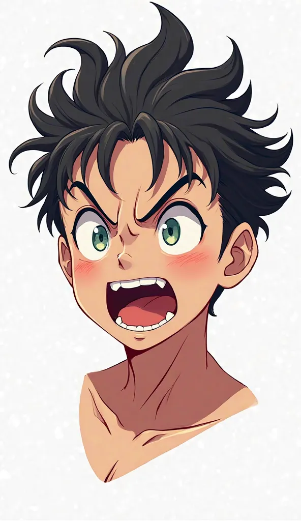 2D anime-style illustration of the head of a young ager with a gesture of anger. Your expression should reflect extreme anger, with furrowed eyebrows, eyes wide open and mouth open showing tight teeth. The hair must be messy and dynamic, with raised locks,...