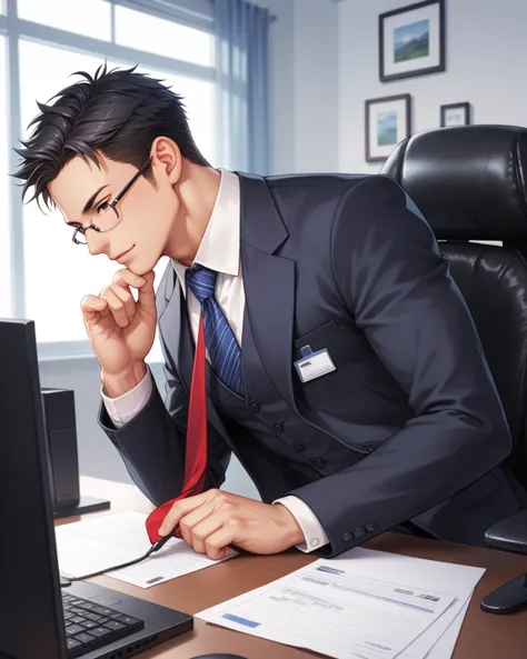 anime style　male　in his 40s　 muscles　 black eyes　 black hair　Short Hair　company　in a suit　tie　glasses　glassesを掛け直す　 oblique profile　In front of the computer