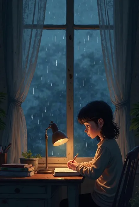 2d images of girl in window studying at night on a rainy day animation