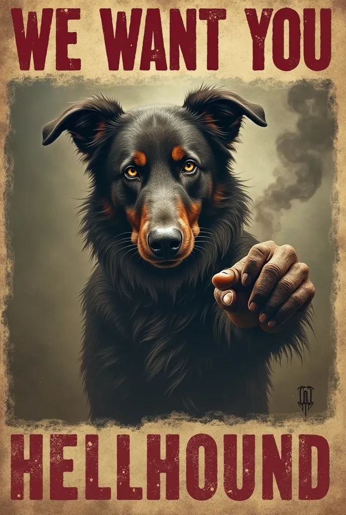  Imagine a classic poster of "We Want You", dove, instead of Uncle Sam, há um hellhound (A demonic dog) in the same characteristic pose, pointing at you. The hellhound could have a humanoid appearance, intense look and smoke coming out of the background, p...