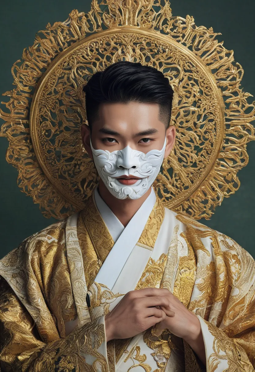 A handsome man with a visual mixes Thai pop culture with a Korean aesthetic and with a traditional Thai mask 