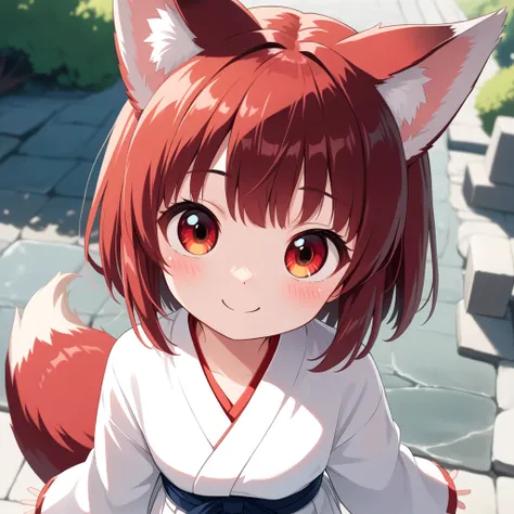 (masterpiece, best quality:1.4), (8k, ultra-detailed, anime style:1.2), cute young girl,  Fluffy fox ears, Fluffy fox Tail,:1.6), big eyes, small nose, detailed hair, (wearing Japanese white clothes:1.6), BREAK (red short hakama:1.4), bright and colorful b...