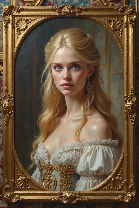 Oil painting frame of a blond queen with blue eyes hanging in a royal hall