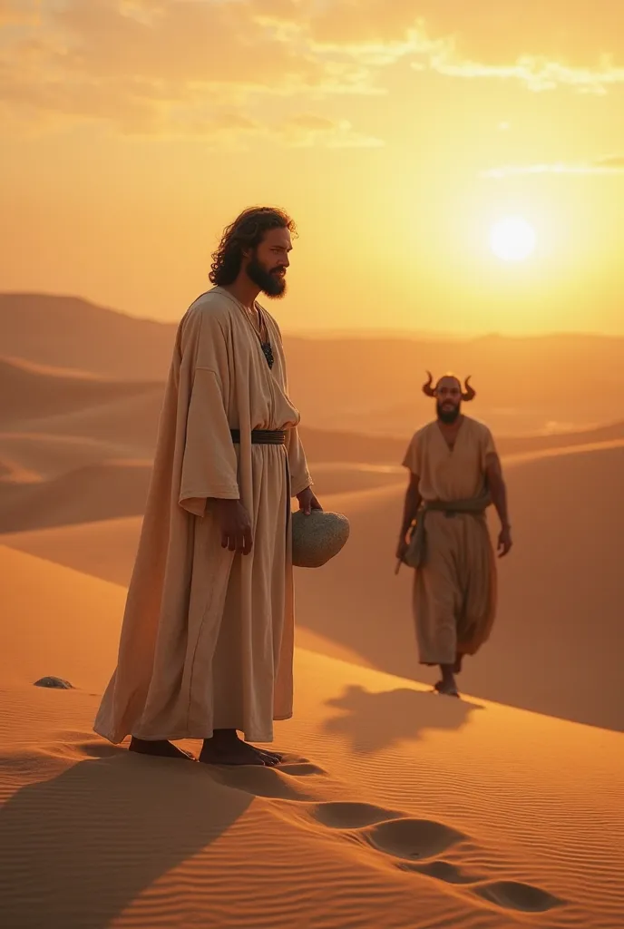 In a vast, arid desert at dawn, Jesus stands wearing simple, flowing robes, holding a stone in His hand with a contemplative expression. Beside Him, the devil appears as a shadowy figure with subtle, menacing features, whispering temptations. The backgroun...