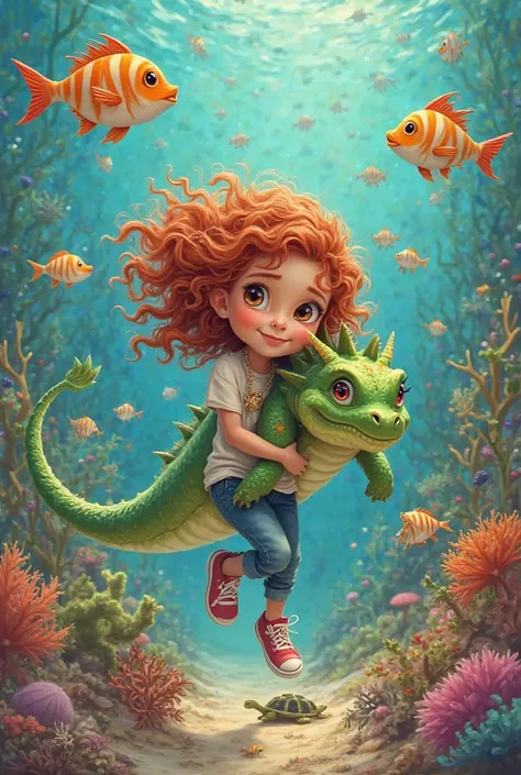 Girl with curly red hair with brown eyes and croc,His friend green dragon, multicolored fish,  starfish , and maybe even a turtle 