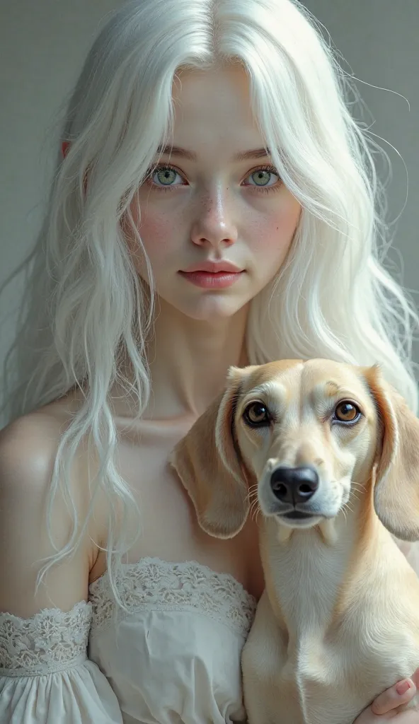 solo, High Resolution, long hair, smiles,  white hair，とてもlong hair,straight hair that shrinks pupils， big eyes，simple background,  dachshund ，dog