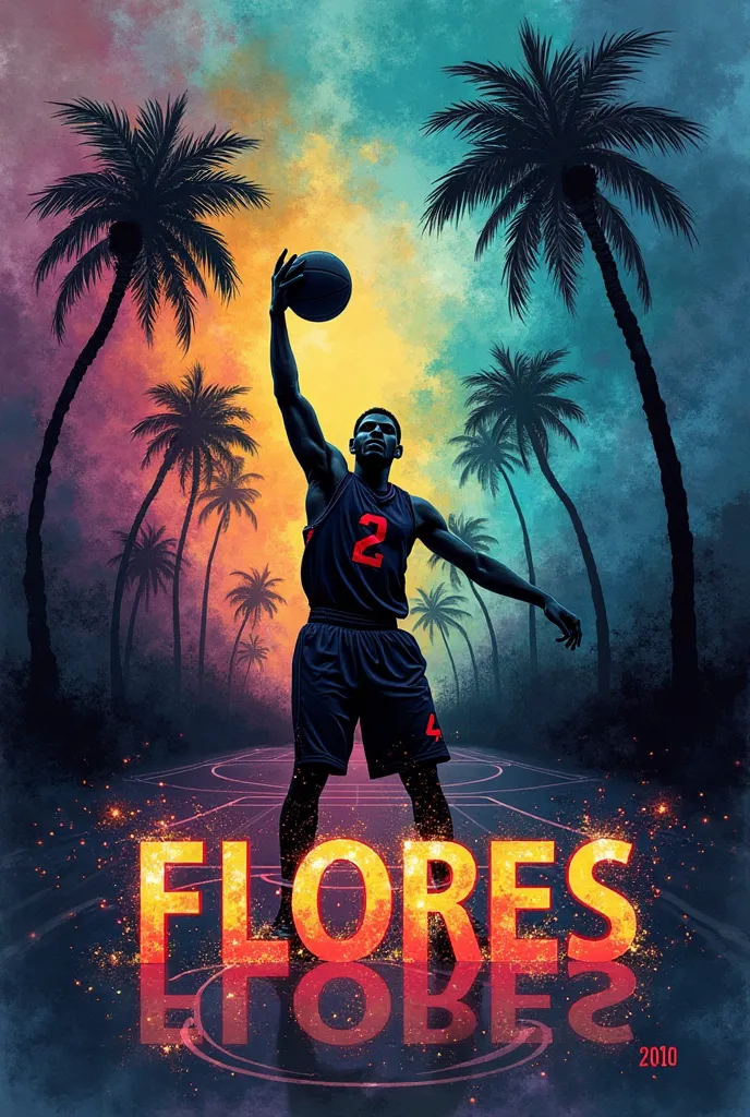 very blurred painting watercolor ink. The  dark background have the word "FLORES"  in the court written in neon.silhouette of a basketball player . along with a main text that says "Legends" in an intricate binary code. black and gold,  background is a gra...