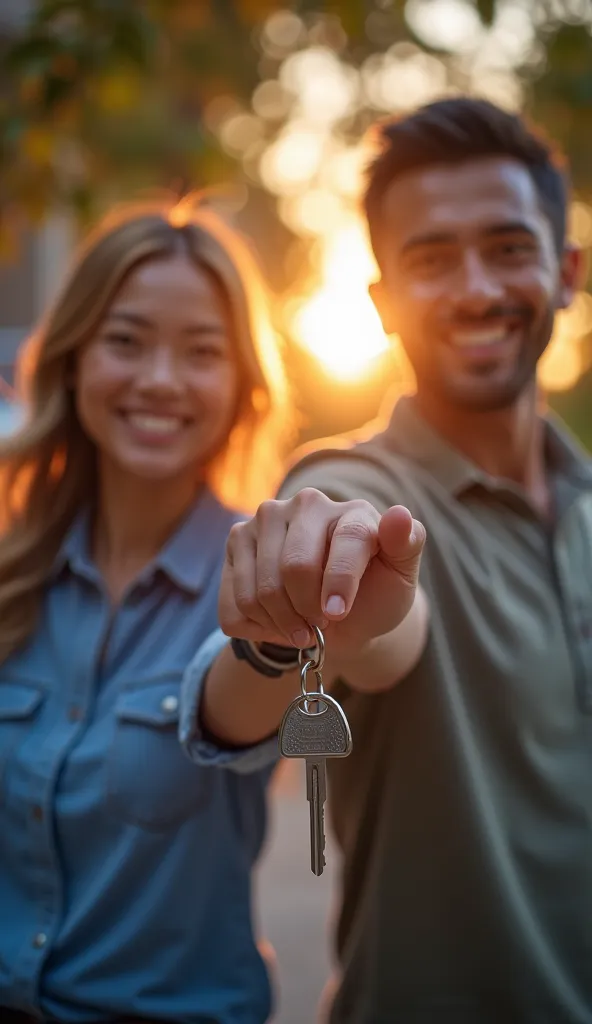 "Create an emotional image showing a couple or family holding the keys to a new car or house, with smiles of achievement. In the background, a digital scoreboard showing a high credit score and a cell phone screen with an approved CPF. The setting should h...