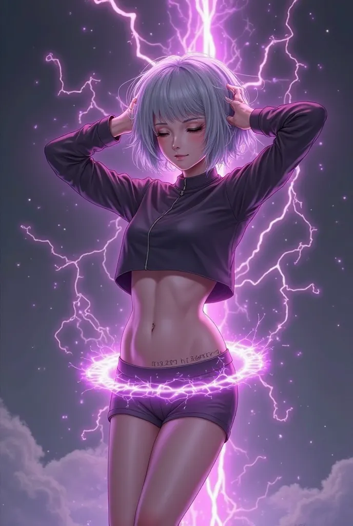 Anime type woman , and 2D , Short gray hair ,  Woman with Eyes Closed , with hands on the sides of the head , full body ,  of foot , with fear , Energy ring around the hip , purple electric sparks around your body and head 