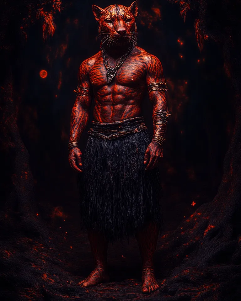 A man with red jaguar skin, dams, black tribal straw skirt, with a red panther's head on top of its head, Headdress with red feathers, tribal ornaments made from seeds, standing barefoot , shirtless in a dark forest illuminated by the moon and fireflies