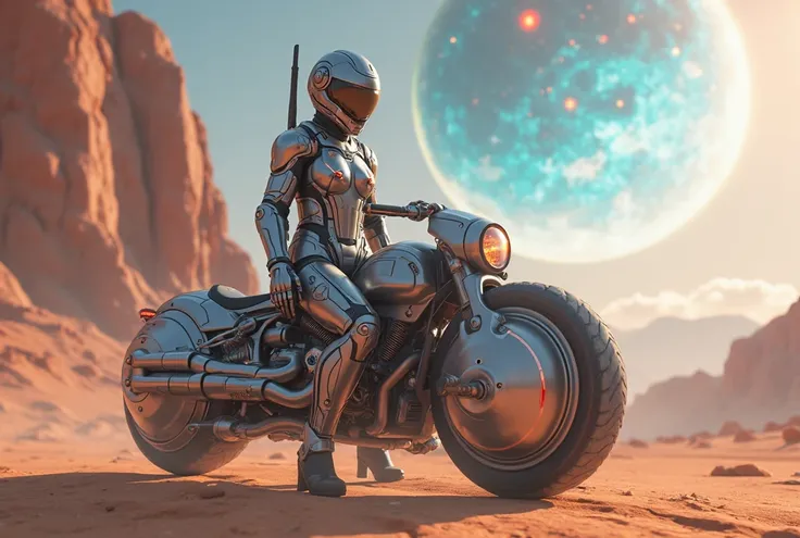 Futuristic helmet women Armor sitting chair Hover bike flying boom desert galaxy space 