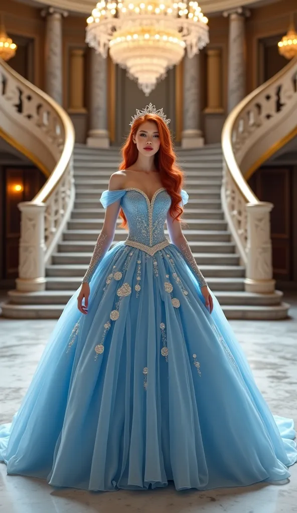 A hyper-realistic full-body image of a stunning young woman with long, vibrant red hair styled in elegant waves. She wears a magnificent sky-blue ball gown inspired by Cinderella and Aurora, with an off-the-shoulder neckline, sheer long sleeves, intricate ...