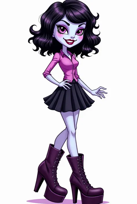 Monster high style drawing a vampire girl short in height wavy black hair almost curly, purple eyes, dark lips with fangs, pale skin almost lilac or pink, blouse and skirt, high boots with thick platform as well as her heel