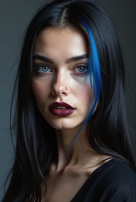 "An ultra-realistic portrait of a woman, framed from the neck up, illuminated by dramatic yet natural lighting that highlights her most striking feature: a bold, electric-blue streak running through her otherwise jet-black hair. The streak is sharp and une...