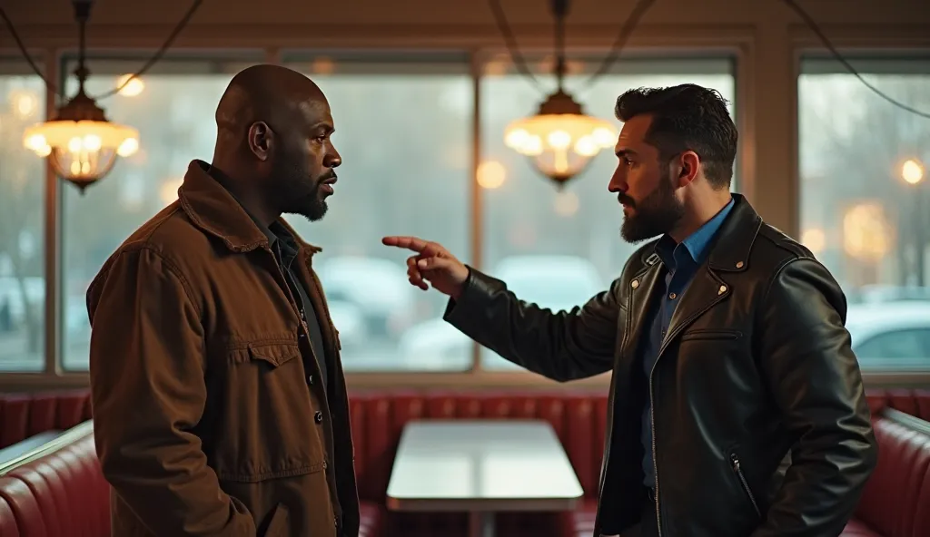 A highly detailed, ultra-realistic cinematic scene inside a classic American diner. Two men face each other in a tense confrontation. The first man is a large, strong Black man with a shaved head, a serious expression, wearing a brown jacket over a dark sh...