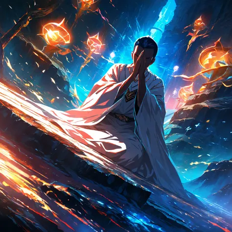 team high resolution, dungeon environment, distant angle, large size, Angel white robes,  hidden face, praying pose, anime atmosphere , fantasy style,  digital painting , dramatic lighting, vivid colors