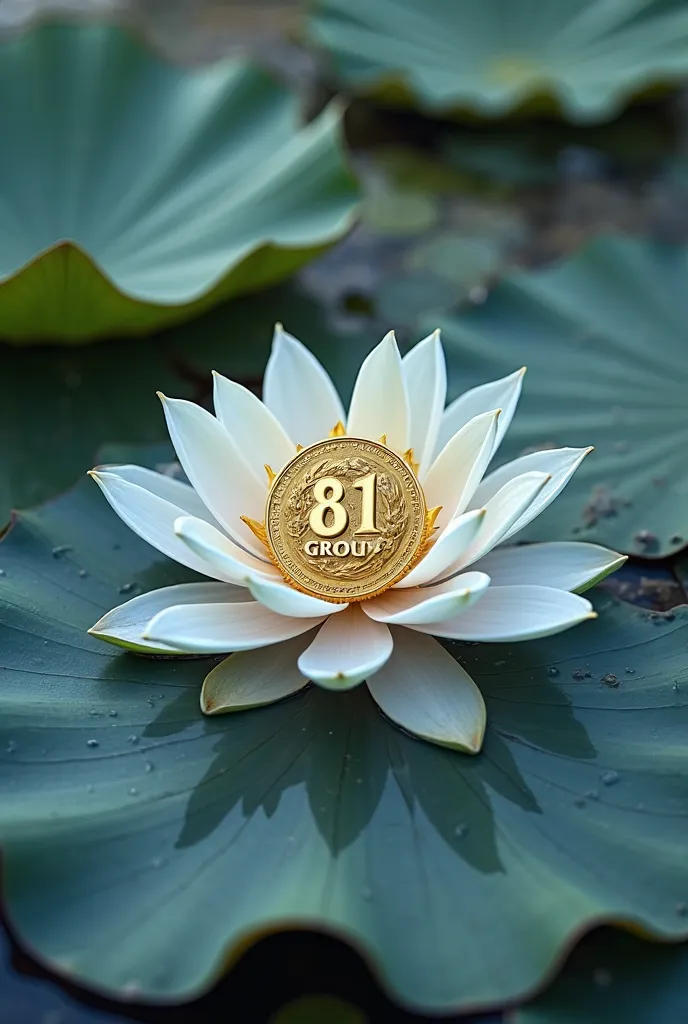 best quality，4k，8k，high rise，masterpiece：1.2），Super detailed，clear focus，HDR，ultra high definition，studio lighting，major，Beautiful musical instruments design carved gold coin with the text of " 81 GROUP " placed on the  leaves. Near thousand petals beautif...