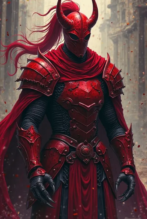 anime style. A handsome and incredibly frightening knight, his dark red armor. On the head there is a frightening red helmet with a long red tail. His height is 2,5 meters, Weight 100 kg. He's slim . He has sharp claws. The armor completely covers his body