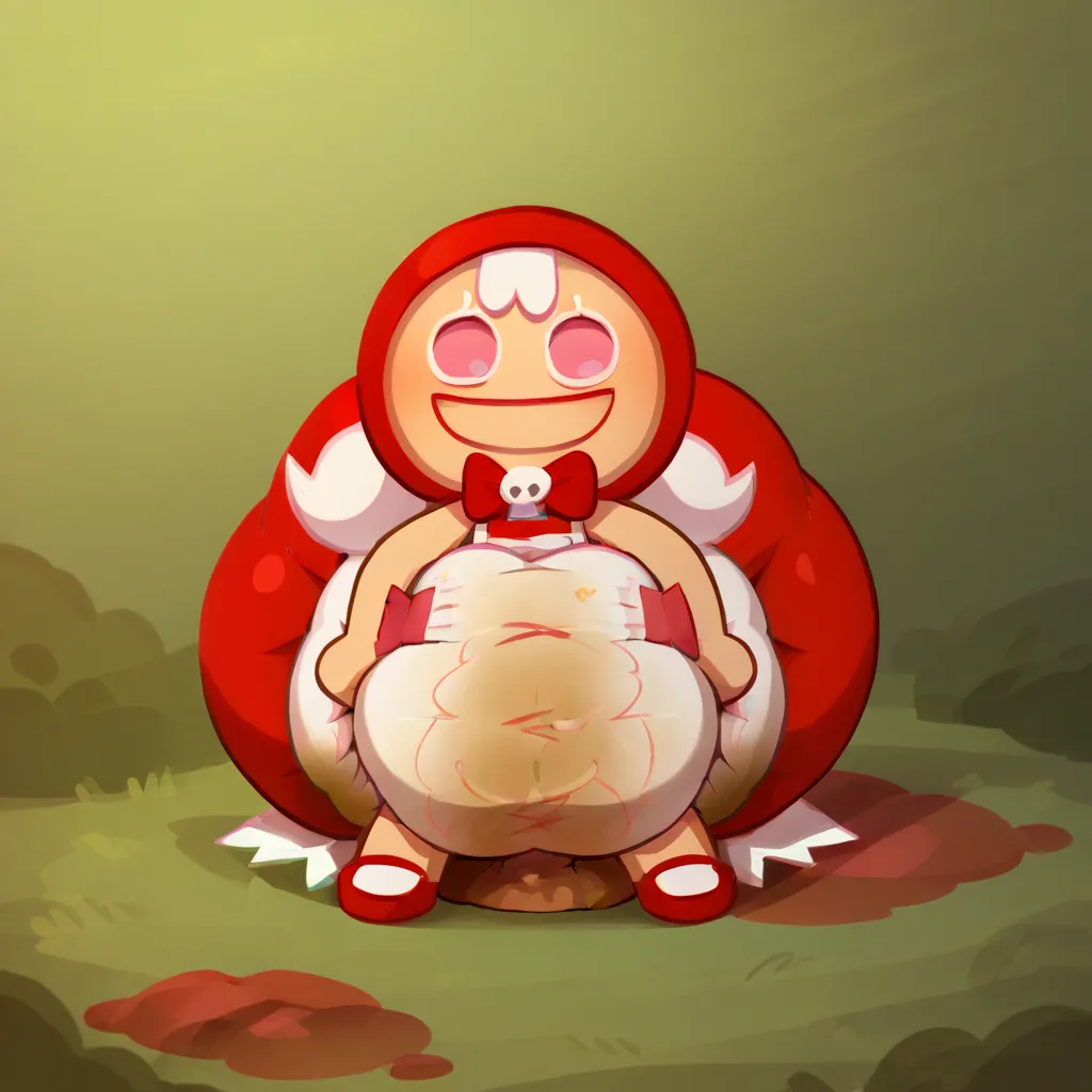 score_9_up, score_8_up, BREAK, CherryCookieRun, 1girl, solo, white hair, pink eyes, red hood, sleeveless dress, red dress, chibi, upper body, forest, smile, big hips, big diaper, messy diaper, enormous saggy bulging diaper, diaper keeps getting bigger and ...