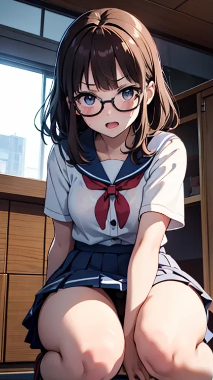 one girl、 sailor suit，miniskirt、Really blushing，sweat，Glasses，   standard figure ， indoors，Library  ， Beautiful Blue Sky  ，accurate and beautiful, beautiful female fingers  ，   attention to detail with adorable cracks  ，   Wet Vagina ， embarrassing、smile  ...