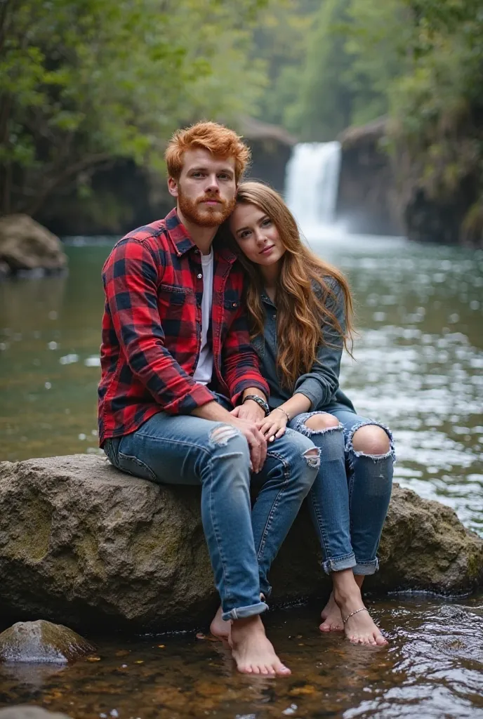 A London man wearing a red checked shirt with red hair wearing ripped denim jeans Sitting with a woman with long hair on a rock in the middle of a river with clear water with a background of a waterfall and lush trees with a face facing kearah depan camera...