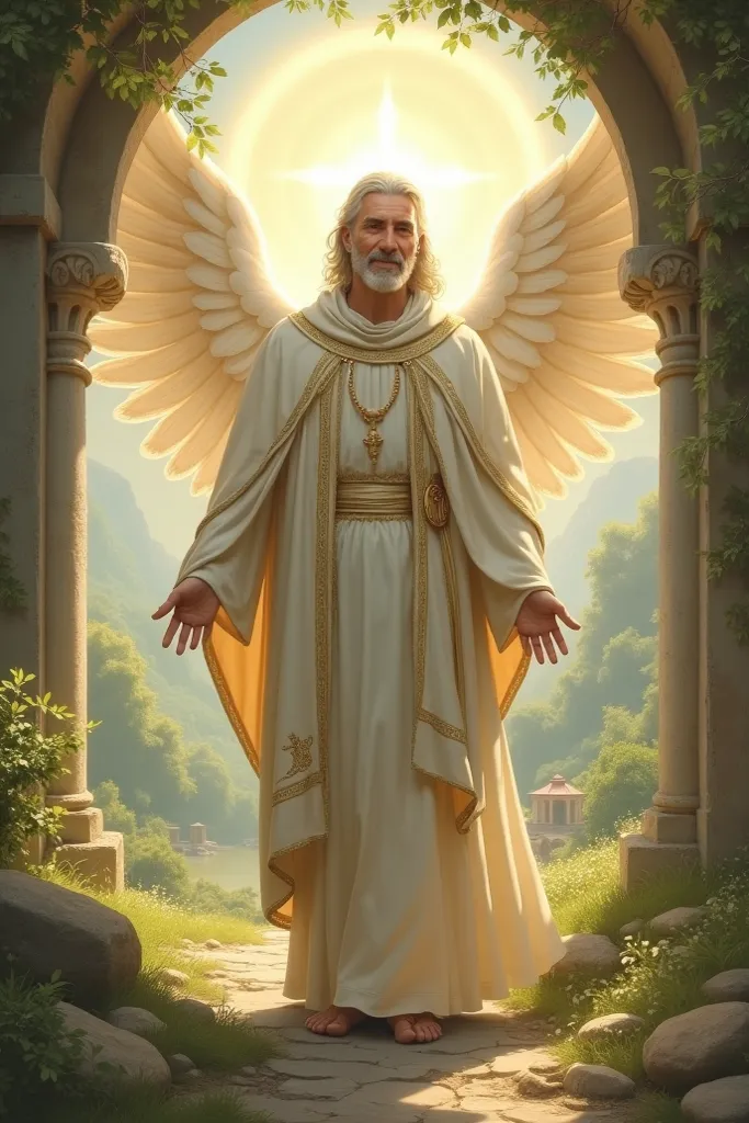 Make a 2D RPG character where he is a loving priest respected by all, So angelic that it seems to have the wings of an angel 