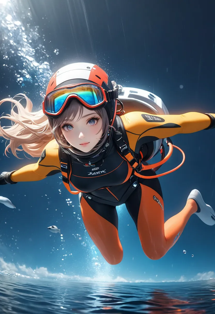 very well detailed, high quality,   8k octane,  very detailed, JPEG compression distortion, Adult Woman Jumping Underwater, alone, Deep Under the Sky, Aerial View, 
Speed Line Representing Accelerating Fall, Complex Detailed Rain, ,Ultra High Precision, 
r...