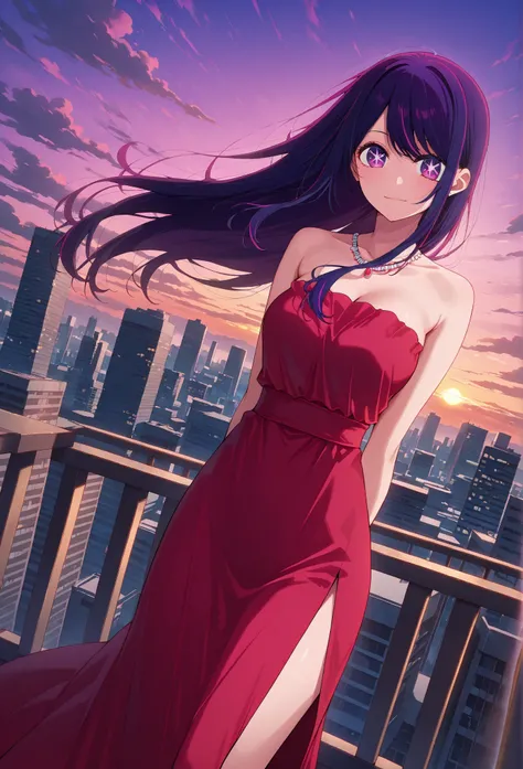 masterpiece, best quality, 1girl, solo, looking at viewer, star-shaped pupils, hoshino ai, purple hair, purple eyes, long hair, symbol-shaped pupils, star \(symbol\),    , evening gown, dress, jewelry, strapless, strapless dress, red dress, sideboob, outdo...