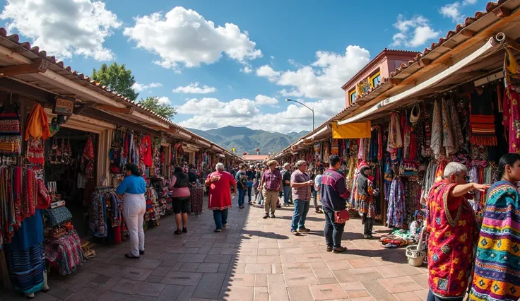 A panoramic view of the Otavalo Market, Plaza de los Ponchos, in Ecuador, capturing its vibrant cultural and artistic atmosphere.

In the foreground, artisan stalls display a variety of handwoven Andean textiles, including ponchos, blankets, and scarves ma...