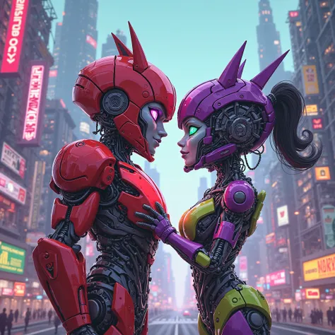 it is a cartoon image He is a red motorcycle robot from Transformers with a purple and green flying robot woman. They are married. The background is a futuristic robot city.