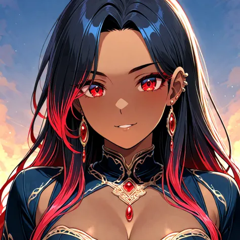 solo, dark skinned woman, long black hair, fantasy clothes, red eyes