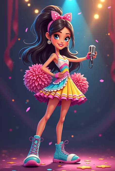 A cartoon of a birthday party show cheerleader with her microphone , let it be dark clear tea, with boots and pompous dress ,colorful ,  with big eyes  , Pretty and slim 