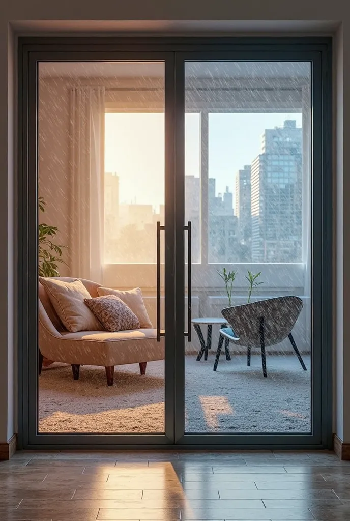 Prompt: "A premium aluminum folding glass door with superior soundproofing and thermal insulation. The high-quality aluminum frame and tempered glass provide excellent protection from external noise and weather conditions. One side of the door shows a cozy...