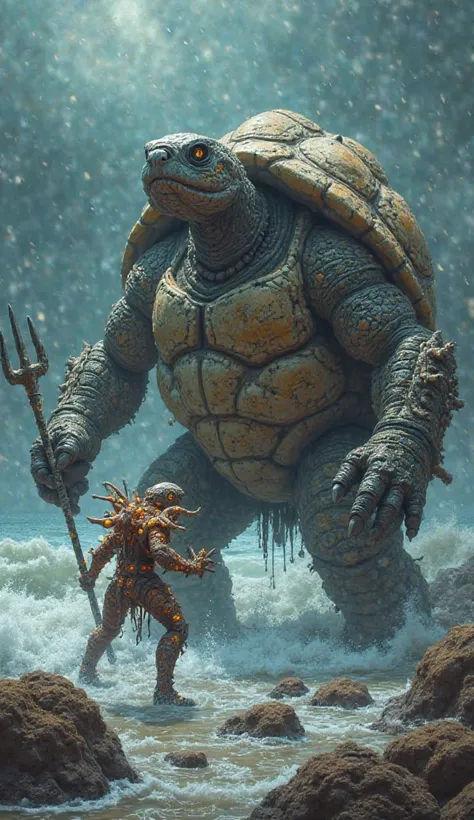 A surreal and intense standoff between the mighty Tortoise Warrior and the enigmatic Starfish Warrior, each embodying the ancient strength of the sea.  

The **Tortoise Warrior** stands firm, his massive shell an unbreakable fortress, adorned with barnacle...