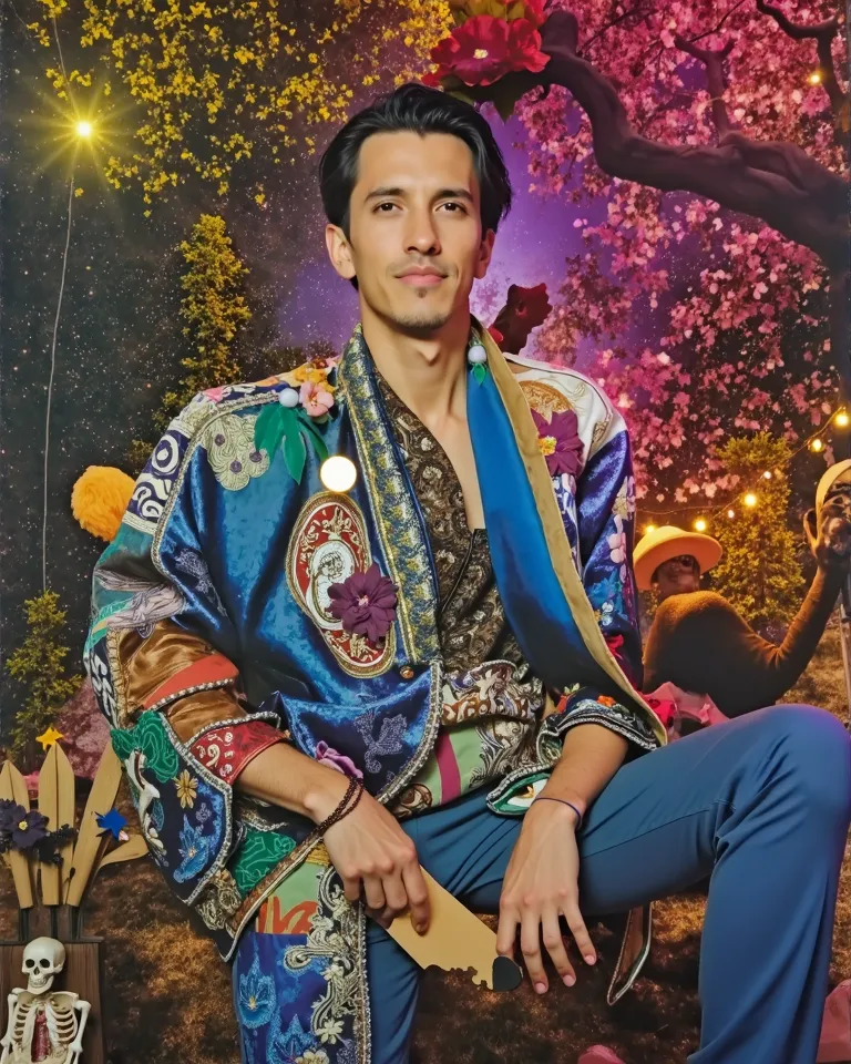 The image features a skinny men seated in an elaborate and colorful setting. The skinny men is dressed in a vibrant, eclectic outfit that combines various patterns and textures. The jacket is particularly eye-catching, adorned with intricate designs and em...