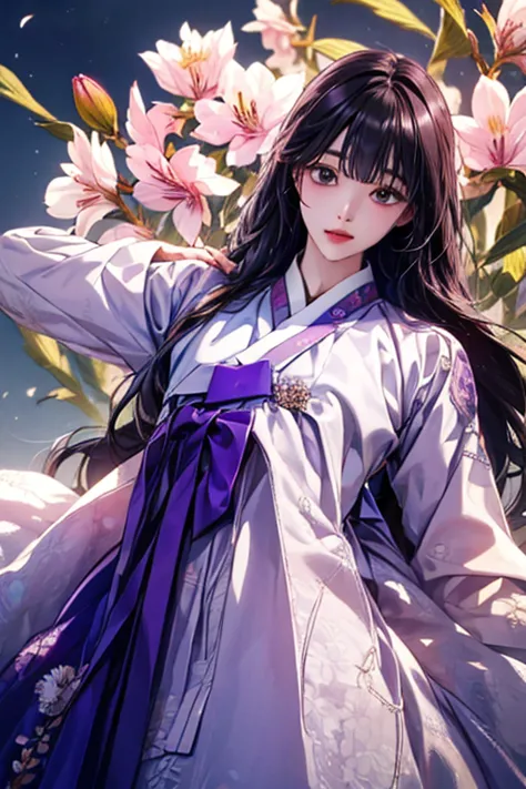 (((gfyuju ))),(((dangui))) ((((black long hair)))), black eyes, (((Hanbok1.0))), hanbok, dangui, surpassing,  best aesthetic , new, recent, Best quality,  masterpiece, very detailed),  masterpiece,  1girl , Solo, sky, flower, 벚flower, Plum Blossom , lily, ...